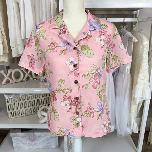 Jamaica Bay size small cotton button up pink floral top coastal botanical #3972 - Picture 1 of 8